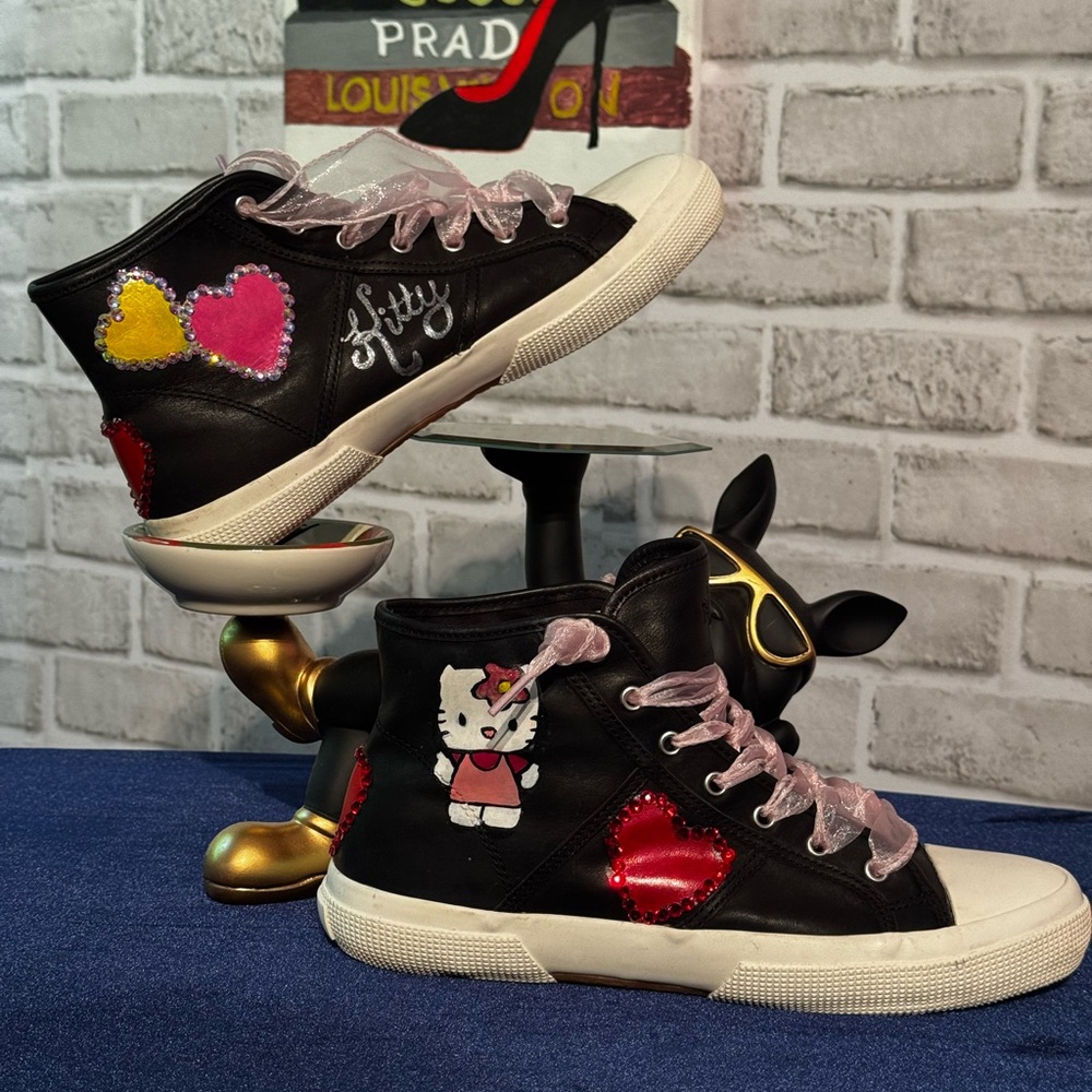 Ralph Lauren Black Leather Sneakers Hello Kitty High Top Custom 1 of 1